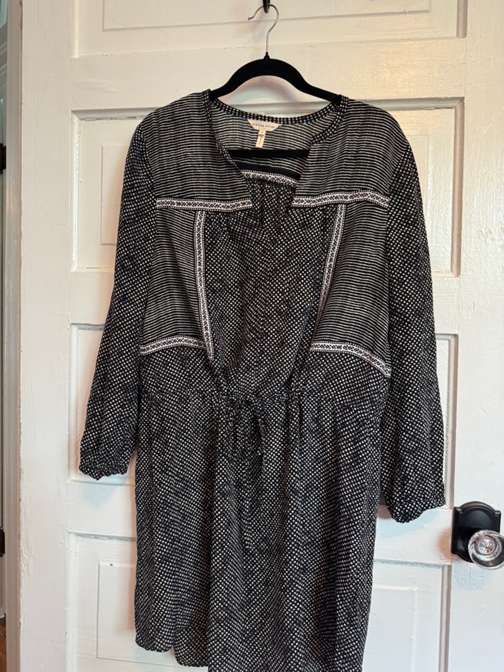 Rebecca Taylor Black and White Long-Sleeve 100% Silk Drawstring Tunic Dress